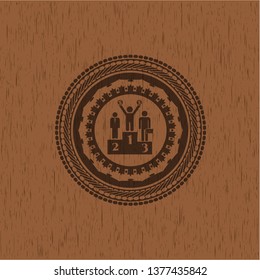 business competition, podium icon inside wooden emblem. Vintage.