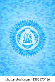 business competition, podium icon inside light blue emblem. Mosaic background