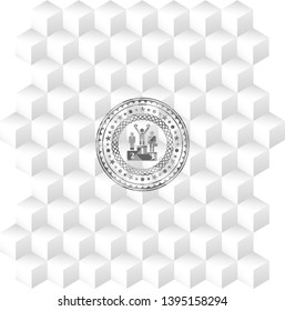 business competition, podium icon inside grey emblem. Retro with geometric cube white background
