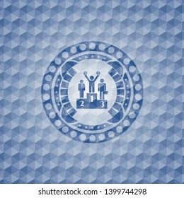 business competition, podium icon inside blue emblem with geometric pattern.