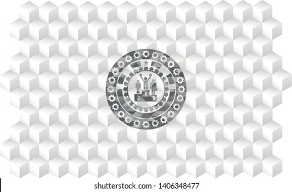 business competition, podium icon inside grey emblem with cube white background