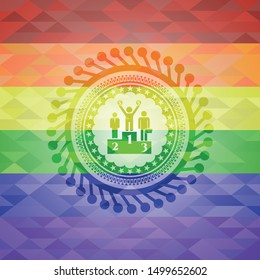 business competition, podium icon inside emblem on mosaic background with the colors of the LGBT flag