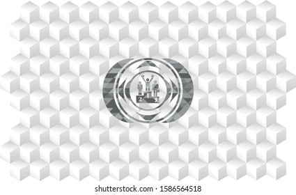 business competition, podium icon inside grey badge with geometric cube white background