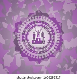 business competition, podium icon inside pink and purple camouflage emblem