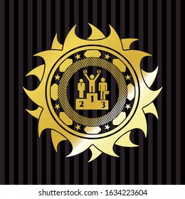 business competition, podium icon inside golden badge or emblem