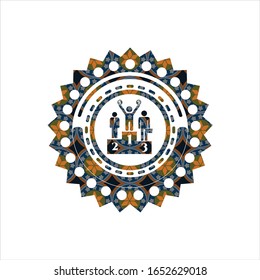 business competition, podium icon inside arabic emblem background. Arabesque decoration.