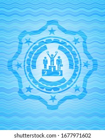 business competition, podium icon inside light blue water emblem background.