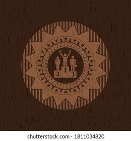 business competition, podium icon inside wooden emblem. Vintage. 