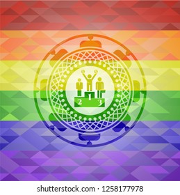 business competition, podium icon on mosaic background with the colors of the LGBT flag