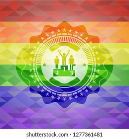 business competition, podium icon on mosaic background with the colors of the LGBT flag