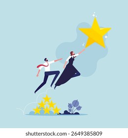 Business competition, race concept, businesswoman and man jump flying high to grab star, employees aspiring to aim, competitors rushing