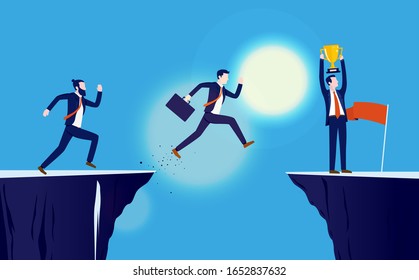 Business competition, a race for success - Business people racing towards goal. Man jumping, running, and winner holding trophy. Competition, challenge, risk and reward concept. Vector illustration.