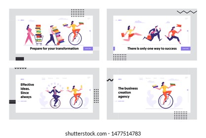 Business Competition Racing People Website Landing Page Set. Office Workers Men and Women Riding Monowheel Bicycle, Leadership Goal Achievement Concept Web Page Banner Cartoon Flat Vector Illustration