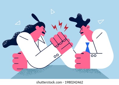 Business competition and rivalry concept. Young business people man and woman cartoon characters sitting fighting with hands on table trying to win vector illustration 