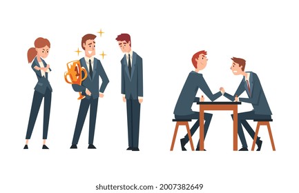 Business Competition and Rivalry with Man Arm Wrestling and Gaining Award Vector Set