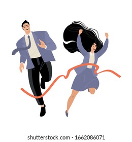 Business competition. Running young people in suits at the finish line. Success, leader position achievements. Flat vector illustration.