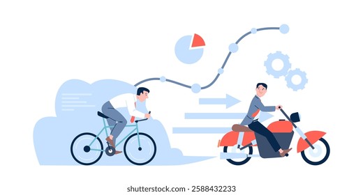 Business competition scene. Different speed of workers or businessmen. Men ride bicycle and motorcycle for achieving goals, recent vector concept