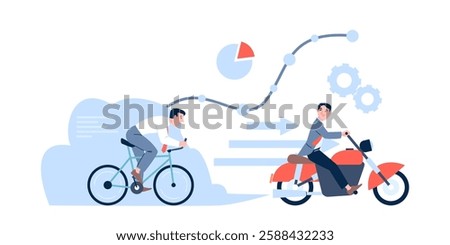 Business competition scene. Different speed of workers or businessmen. Men ride bicycle and motorcycle for achieving goals, recent vector concept