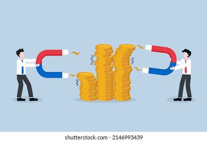 Business competition for scramble for benefit, strategy to increase market share or number of customers more than opponent concept. Entrepreneurs using magnet to attract coins to their sides.