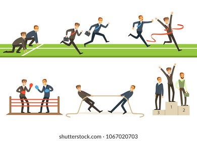 Business Competition Set Of Illustrations With Businessman Running And Competing In Sports