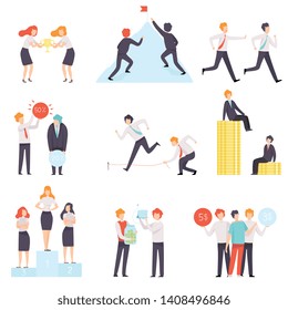 Business Competition Set, Business People Competing Among Themselves, Office Workers Challenging Vector Illustration