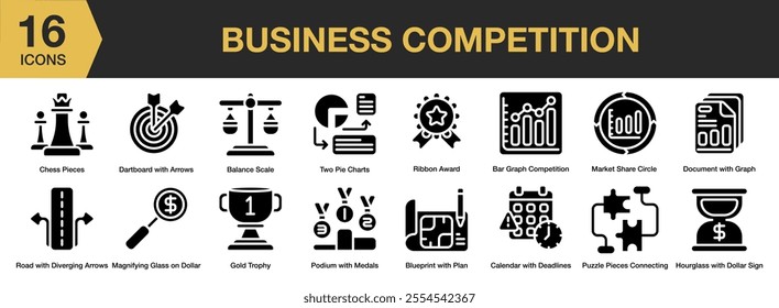 Business Competition solid icon set. Includes chess pieces, ribbon award, gold trophy, medals, podium, and More. Solid icons vector collection.