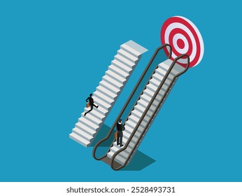 Business Competition: Stairs vs. Escalator to Success Target 3d isometric vector illustration