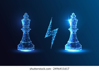 Business competition, strategy, corporate rivalry with two king chess pieces and lightning sign between them on dark blue background. Glowing low polygonal style. Modern abstract vector illustration.