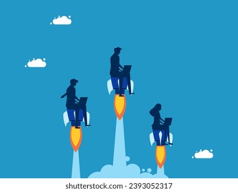 Business competition. Team of businessmen working on laptops flying into the sky with rockets