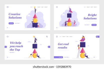 Business Competition, Teamwork, Challenge Website Landing Page Set. Colleague Climb Up by Ladder Trying to Reach Leader on Top of Pyramid. Team Work Web Page Banner. Cartoon Flat Vector Illustration