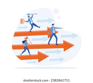 Business competition. Three business persons racing on the arrows,  flat vector modern illustration  