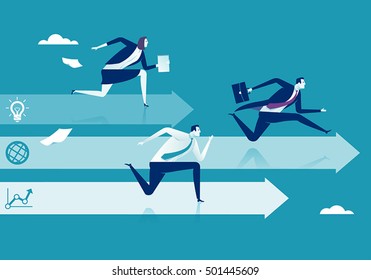 Business Competition. Three Business Persons Racing On The Arrows.  Concept Vector Illustration.