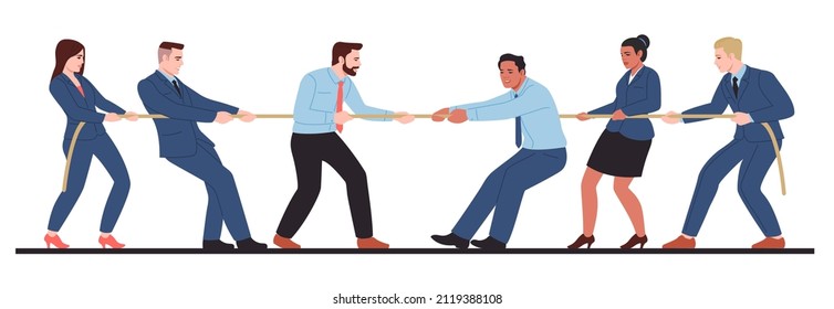 Business competition tug of war. People in office clothes pulling on opposite rope ends. Men and women mixed teams. Competitive game. Corporate rivalry and conflict