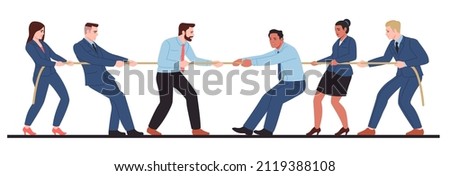 Business competition tug of war. People in office clothes pulling on opposite rope ends. Men and women mixed teams. Competitive game. Corporate rivalry and conflict