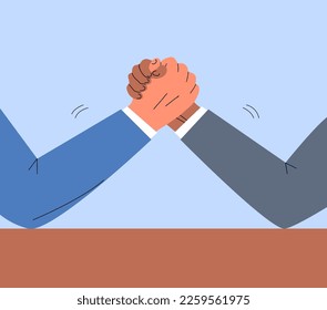 Business competition. Two businessmen in arm wrestling battle. Concept allegory of rivalry. Flat vector illustration
