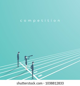 Business competition vector concept with businessman and businesswoman on running track. Symbol of rivals, gender equality, challenge, leadership. Eps10 vector illustration.