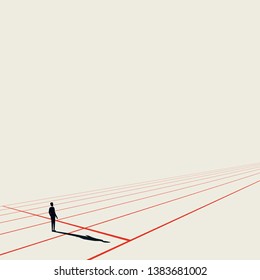 Business competition vector concept with businessman on starting line. Minimalist art style. Symbol of career beginning, challenge, strategy, plan, goals in future. Eps10 illustration.