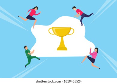 Business competition vector concept: Businesspeople competing to get gold trophy 