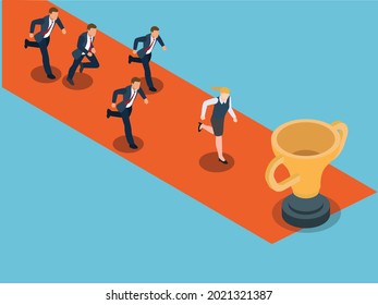 Business competition vector concept: Businesswoman compete to get gold trophy while running with her competitors