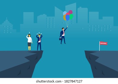 Business competition vector concept: Clever businessman flying with balloon toward success flag and leaving his rivals