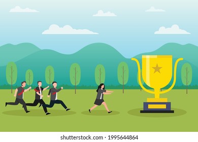 Business competition vector concept: Business people compete to get gold trophy while running together 