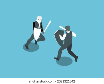 Business competition vector concept: Two business people fighting while using swords and shields