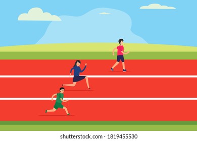 Business competition vector concept: Young people competing on the running track together 