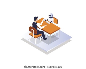 Business competition vector concept: Young businessman and robot competing in arm wrestling