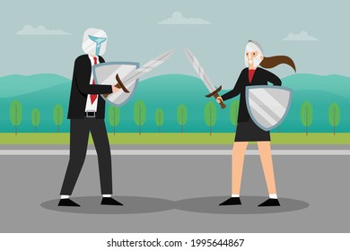 Business competition vector concept: Young businessman and businesswoman fighting while using swords and shields 