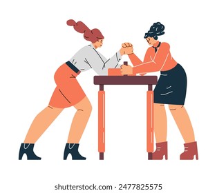 Business competition visualized through arm wrestling. A vector illustration of two women in business attire arm wrestling, demonstrating leadership and challenge. Flat style on isolated background.