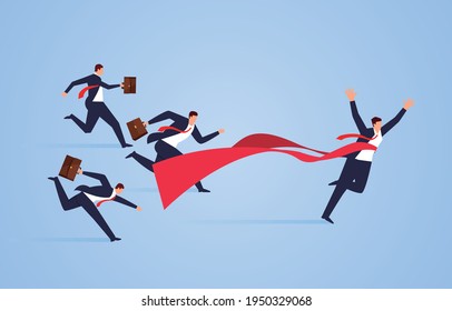 Business competition, winner, champion, fastest businessman tearing the finish line, concept business