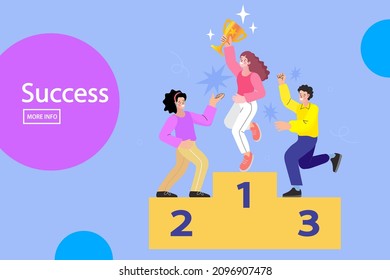 Business Competition Winner. Woman Standing On The Podium On The First Place With Award. Celebrating Success In Business Competition. Flat Design Illustration.