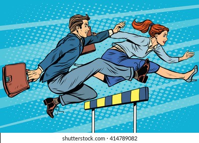 Business competition woman and man running