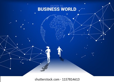 business competition world. Silhouette of businesswomen and businessman running on track to world shaped from dot and line connected